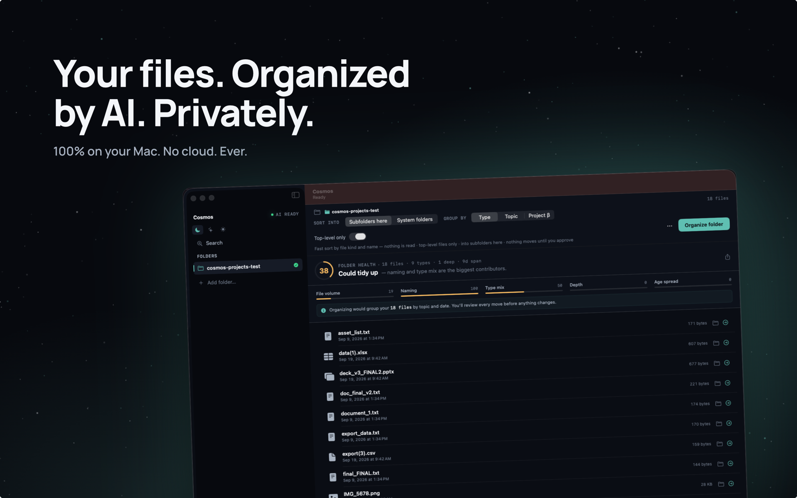 Your files, organized by AI, privately
