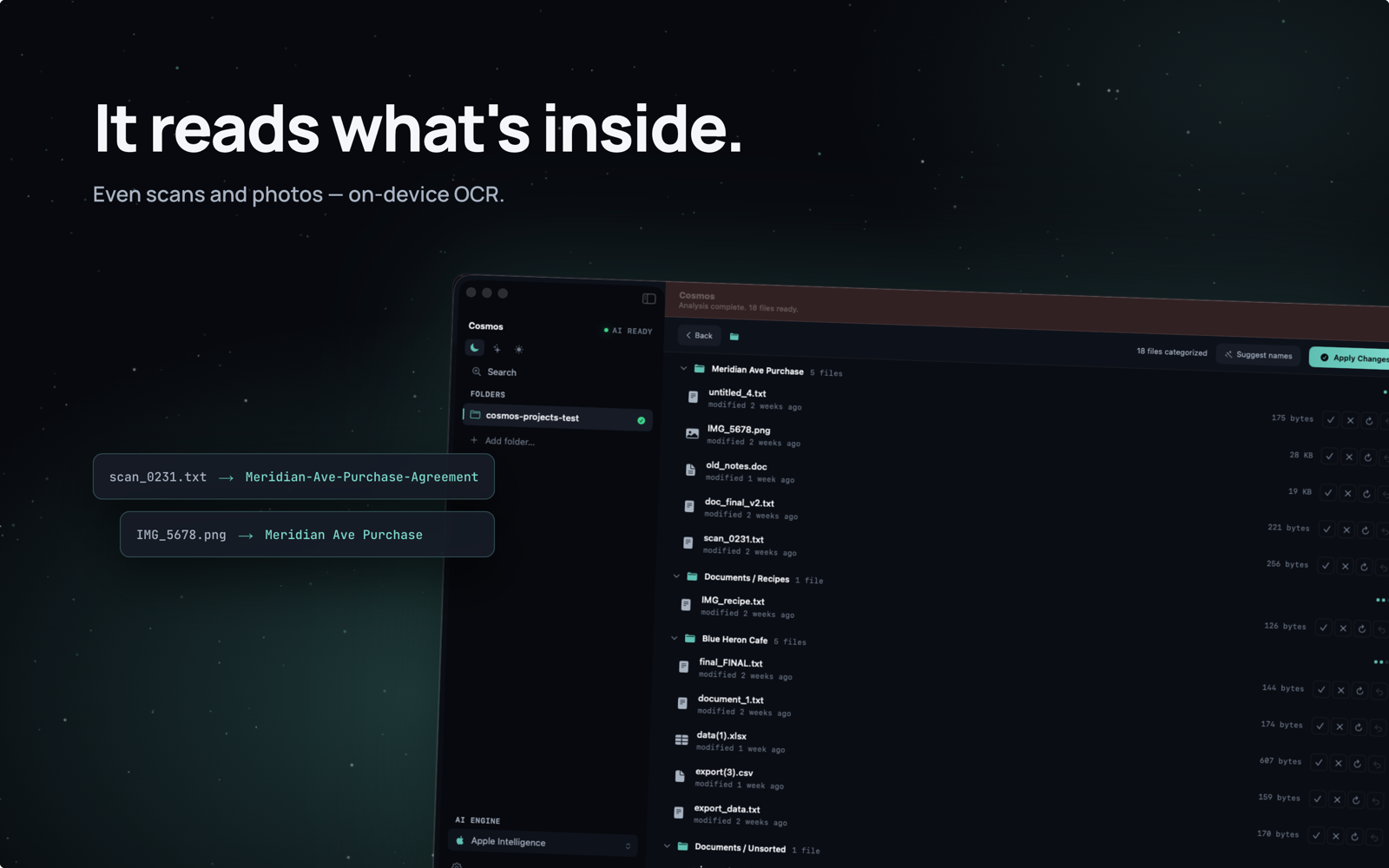 It reads what's inside — on-device OCR